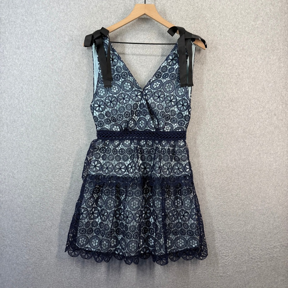 Self-Portrait Mini Dress Navy Blue Floral Guipure Lace Tiered SP18-086L US 4